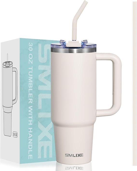 Vaso Térmico de Acero Inoxidable con Asa y Sorbete SMLIXE Tumbler (30 oz) – Blanco Crema / Cream White