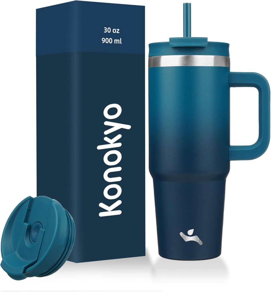 Vaso Térmico de Acero Inoxidable con Asa y Sorbete Konokyo Tumbler (30 oz / 900 ml) – Azul Petróleo / Teal Blue