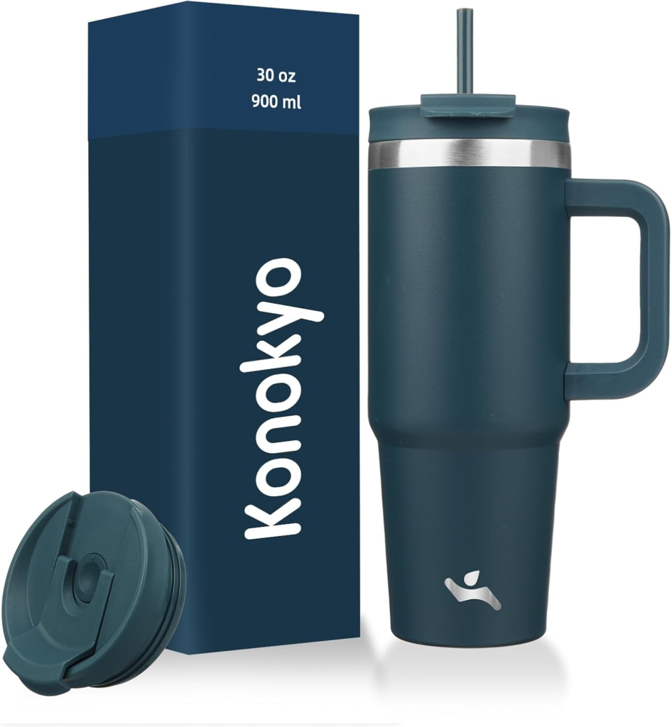 Vaso Térmico de Acero Inoxidable con Asa y Sorbete Konokyo Tumbler (30 oz / 900 ml) – Azul Oscuro / Dark Navy