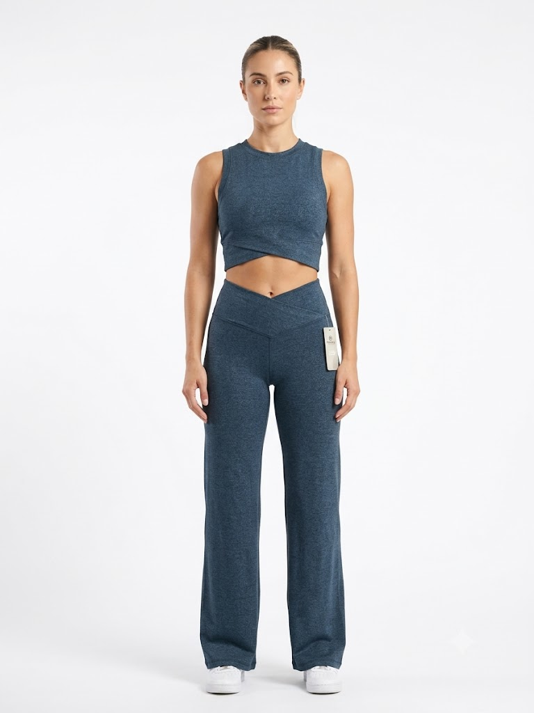 Conjunto Deportivo de 2 Piezas Mono B Cross-Front Top & Flare Pants – Azul Petrol / Slate Blue