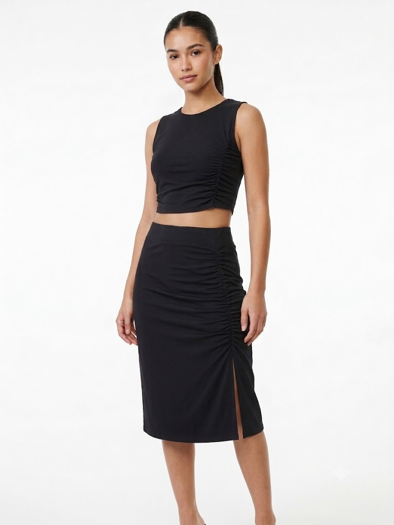 Conjunto de 2 Piezas Mono B Ruched Crop Top & Midi Skirt – Negro / Black