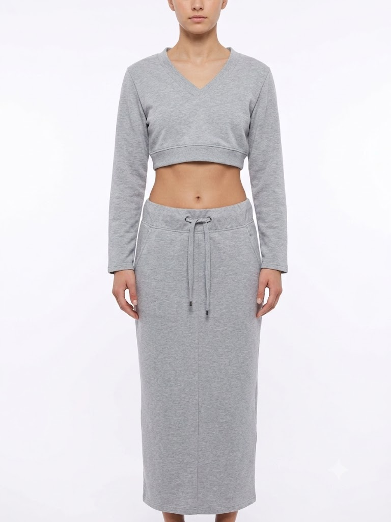 Conjunto de 2 Piezas Mono B V-Neck Long Sleeve Crop Top & Midi Skirt – Gris Jaspeado / Heather Gray