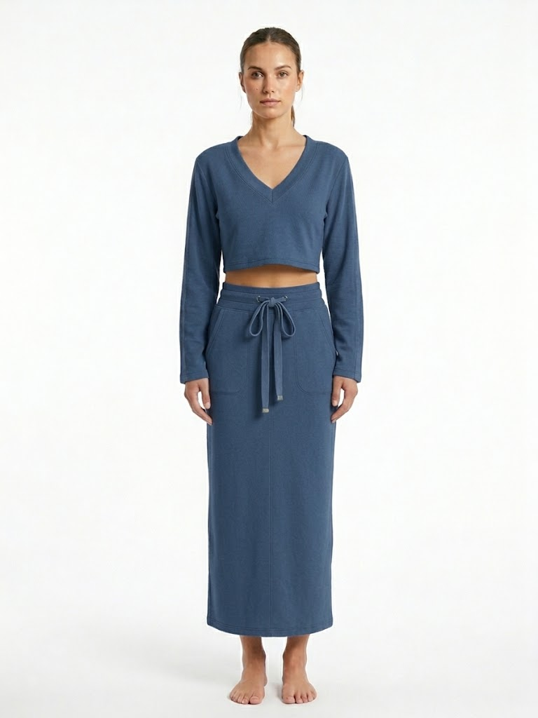 Conjunto de 2 Piezas Mono B V-Neck Long Sleeve Crop Top & Midi Skirt – Azul Petróleo / Slate Blue