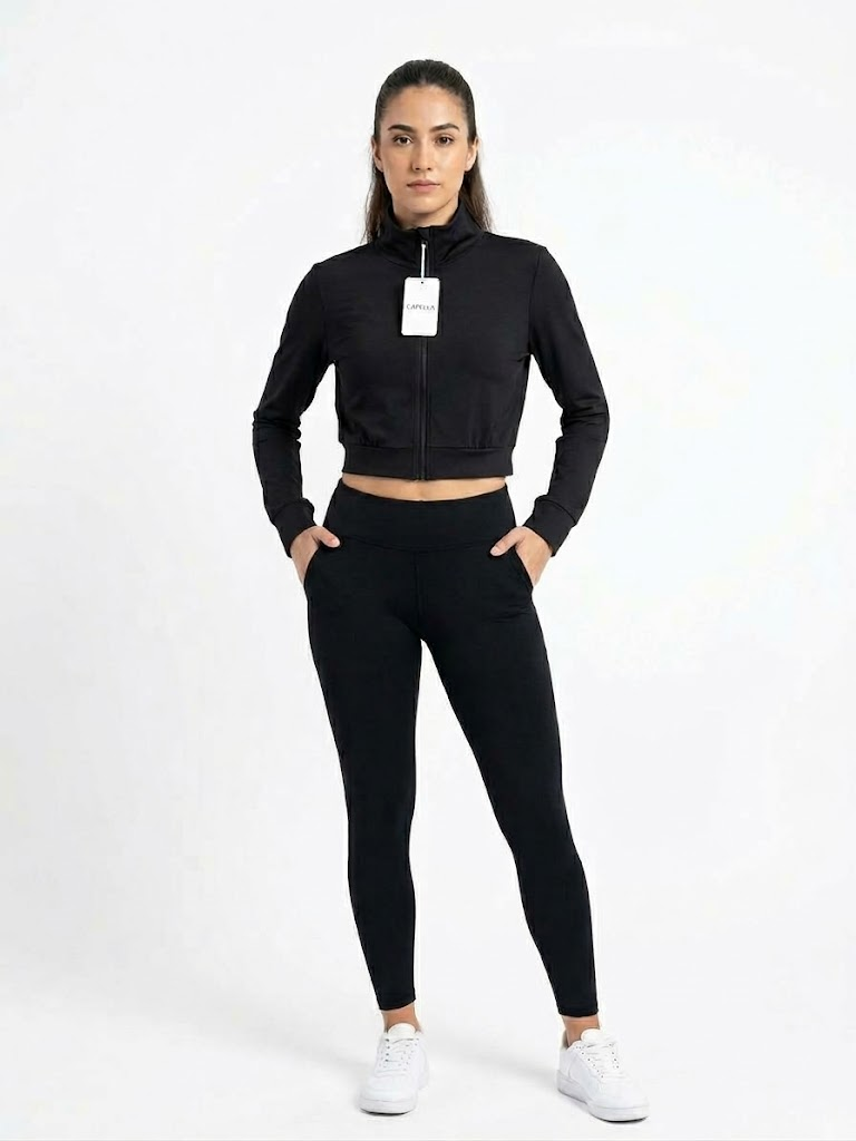 Chompa / Chaqueta Deportiva Capella "Cropped Performance" – Negro Clásico